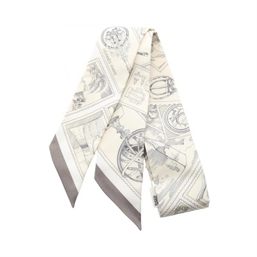 HERMES Twilly LE PHILATELISTE DU FAUBOURG Scarf Wrap Ribbon Tie silk Beige