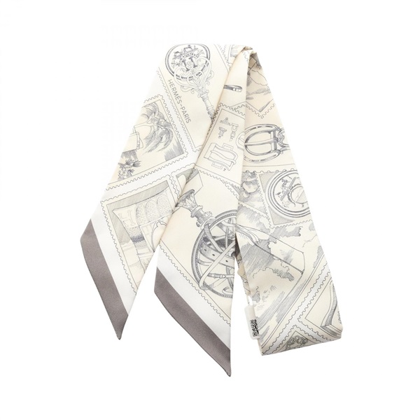 HERMES Twilly LE PHILATELISTE DU FAUBOURG Scarf Wrap Ribbon Tie silk Beige