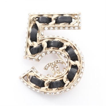 CHANEL No.5 Brooch Pin Gold Plated leather Black Chain Used Women Coco CC