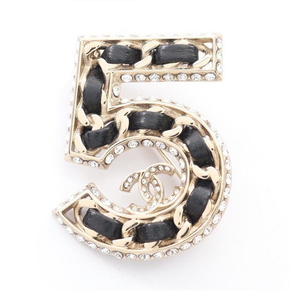 CHANEL No.5 Brooch Pin Gold Plated leather Black Chain Used Women Coco CC