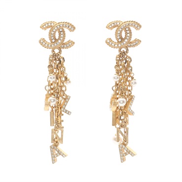 CHANEL COCO Mark logo Pierced earrings GP Artificial pearl Rhinestone Used Women