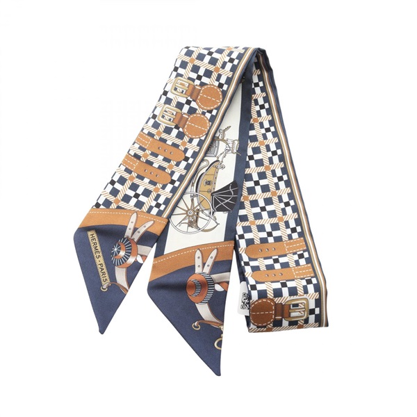 HERMES Twilly LES VOITURES NOUVELLE Scarf wrap foulard H2402 silk White Navy