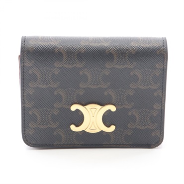 CELINE Triomphe Bi-fold compact purse wallet leather PVC Gray Brown Used Women