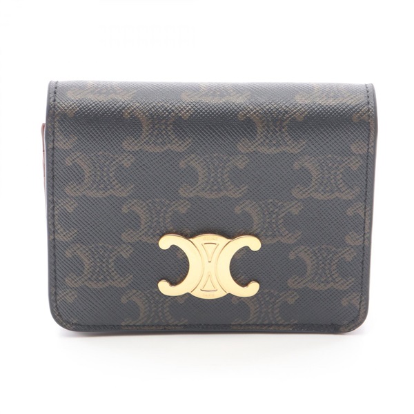 CELINE Triomphe Bi-fold compact purse wallet leather PVC Gray Brown Used Women