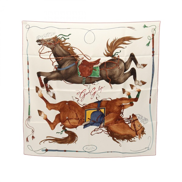 HERMES Carre 90 Grand Galop Scarf Stole Foulard silk White Pink Multicolor Women