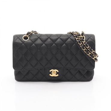 CHANEL Matelasse W flap Shoulder Bag Grained calf leather Black Used Women GHW