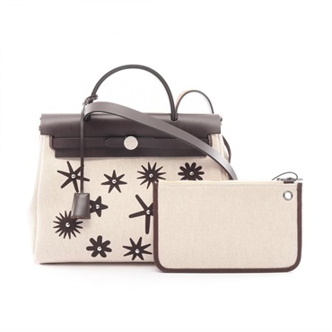HERMES Herbag Zip PM Shoulder Handbag Toile H canvas hunter leather Beige Brown