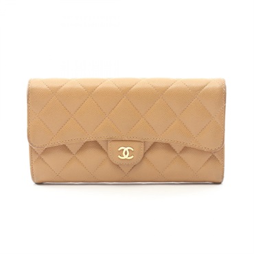 CHANEL Classic Long Flap Matelasse Bifold wallet purse leather Beige GHW Used CC