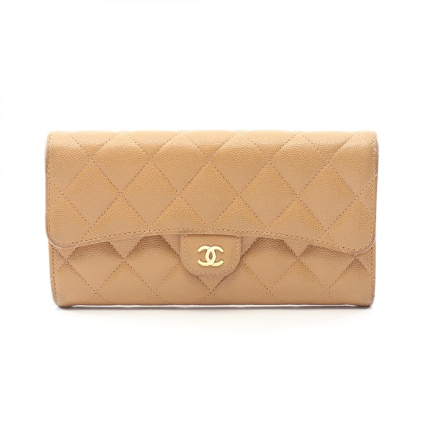 CHANEL Classic Long Flap Matelasse Bifold wallet purse leather Beige GHW Used CC