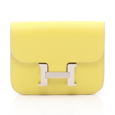HERMES Constance Slim Bi-fold wallet Evercolor leather Yellow Lime Used B SHW
