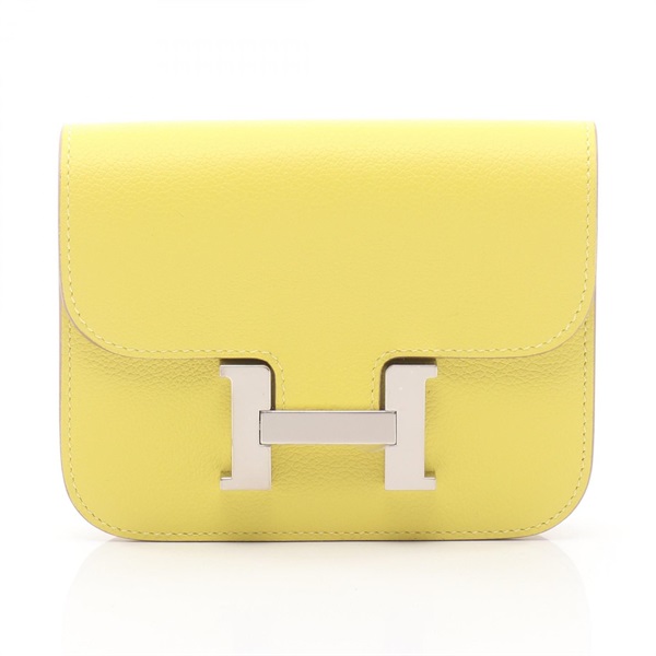 HERMES Constance Slim Bi-fold wallet Evercolor leather Yellow Lime Used B SHW