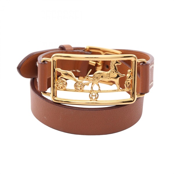 HERMES Caleche Double tour Bracelet Swift leather Brown Used Women GHW D