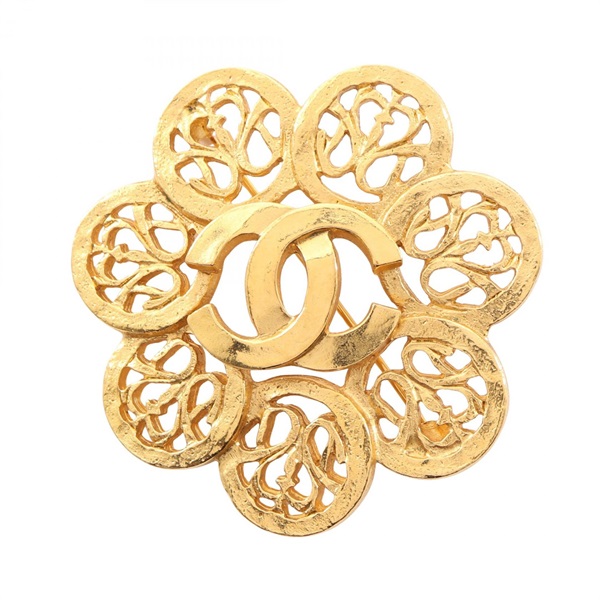 CHANEL COCO Mark Flower Brooch Pin Gold Plated Used Women Coco CC