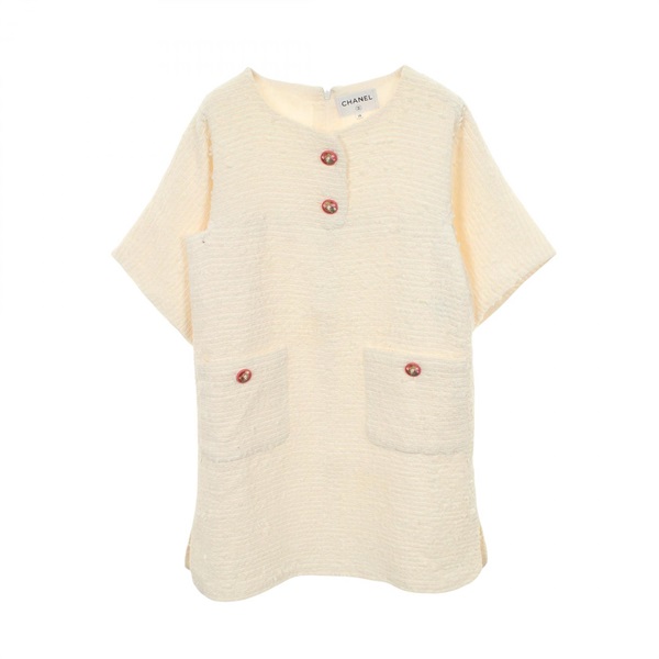 CHANEL COCO Mark Button Tweed Dress #38 P56052V29319 Nylon cotton White Used CC
