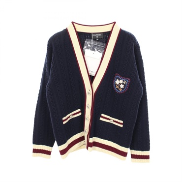 CHANEL lion button cardigan knitwear #36 P81052K11756 cashmere cotton Navy Beige