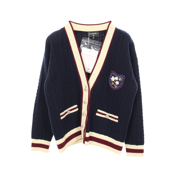 CHANEL lion button cardigan knitwear #36 P81052K11756 cashmere cotton Navy Beige