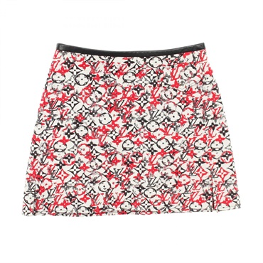 LOUIS VUITTON Monogram Mini Skirt #36 cotton Rayon White Red Black Used Women LV
