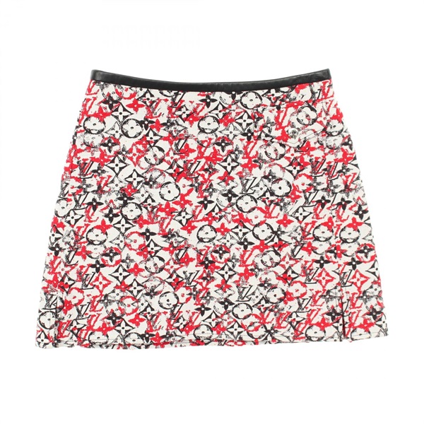 LOUIS VUITTON Monogram Mini Skirt #36 cotton Rayon White Red Black Used Women LV