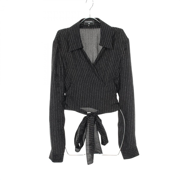 CHANEL COCO Mark Shirt Blouse #38 P74411V66091 silk Black Used Women CC