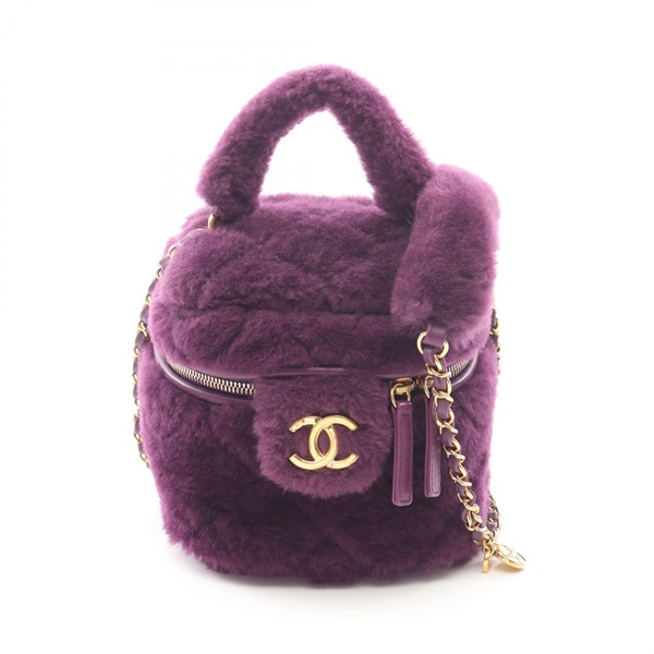 CHANEL Matelasse vanity Hand Shoulder Bag Lamb leather Shearing Purple Used GHW