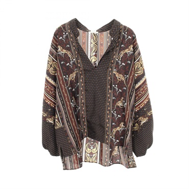 HERMES GUEPARDS ET PALMETTES Twillaine Shirts Silk Black Brown Used Women #34