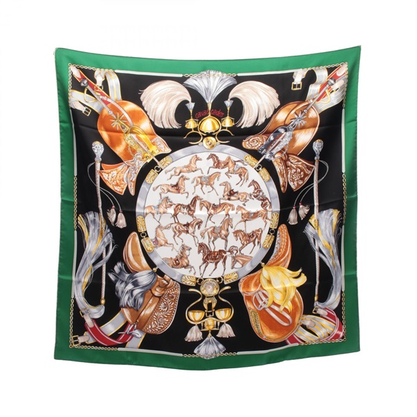 HERMES Carre 90 CAVAL CADES Scarf Wrap Stole silk Green Black Multicolor Women