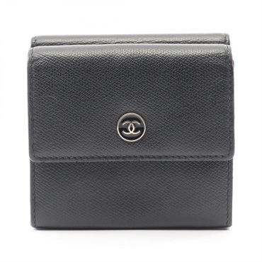 CHANEL COCO Button Tri-fold compact wallet purse leather Black Used Women GHW