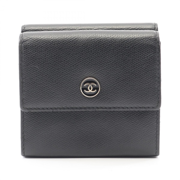 CHANEL COCO Button Tri-fold compact wallet purse leather Black Used Women GHW