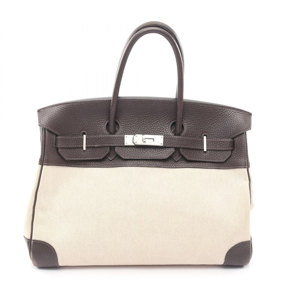 HERMES Birkin 35 Handbag Toile H canvas Clemence leather Beige Brown SHW Used I