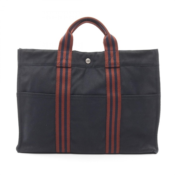 HERMES Fourre-tout MM Tote hand Bag canvas Navy Brown SHW Used Women