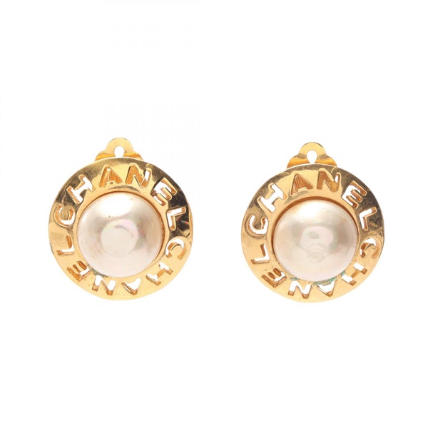 CHANEL Logo Vintage Round Earring Gold Plated Artificial pearl White Used Women