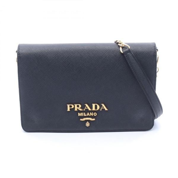 PRADA Chain Shoulder crossbody Bag leather Black Used Women GHW Logo