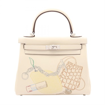 HERMES Kelly 25 In and Out Inside Stitched shoulder Handbag U Swift Beige SHW