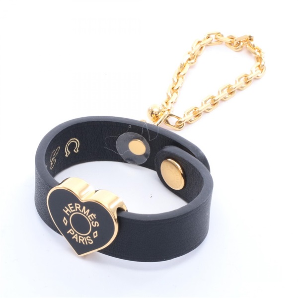 HERMES Heart motif Globe Holder Charm leather Gold Plated Black Women