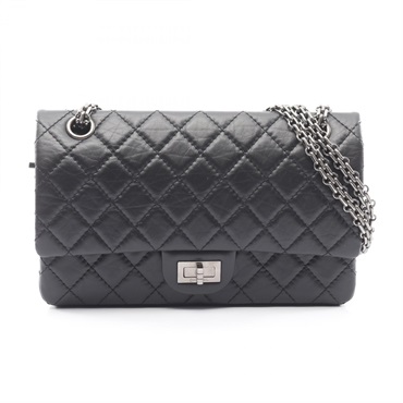 CHANEL 2.55 Mademoiselle Matelasse Double Flap Chain Shoulder Bag Calfskin Black