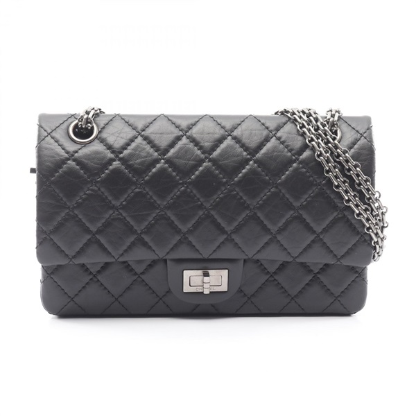 CHANEL 2.55 Mademoiselle Matelasse Double Flap Chain Shoulder Bag Calfskin Black