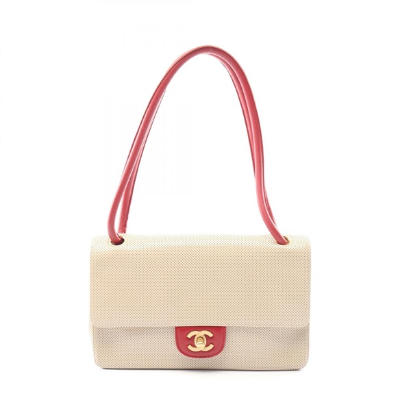 CHANEL COCO Mark Punching Shoulder Bag leather Beige Red GHW Used Women CC