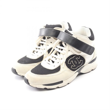 CHANEL COCO Mark High-top Sneakers #38 leather Fabric Gray White Black Used CC