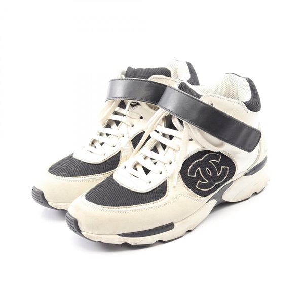 CHANEL COCO Mark High-top Sneakers #38 leather Fabric Gray White Black Used CC