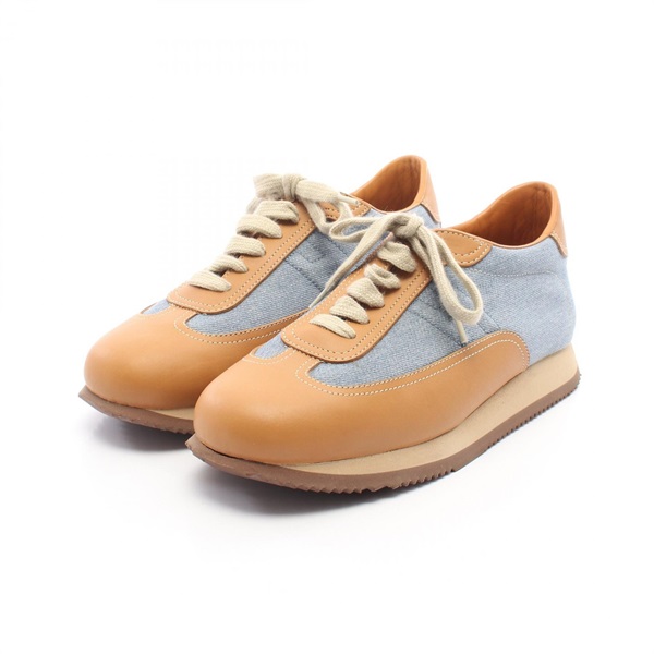 HERMES Quick Sneakers Shoes #39 leather denim Brown Blue Used Women