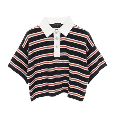 CHANEL Lion Button Border Polo shirt #34 cotton Black Brown White Used Women