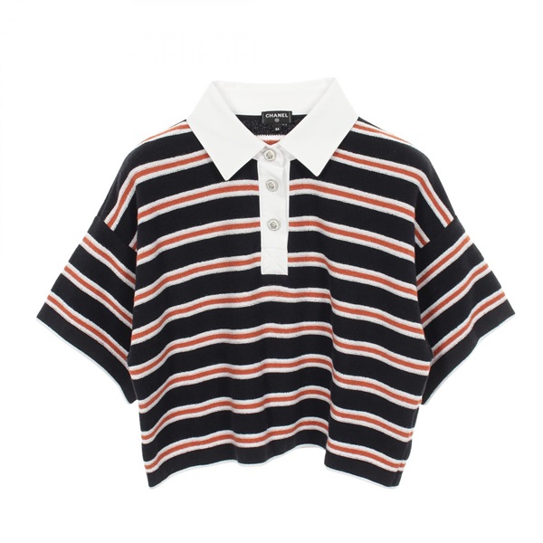 CHANEL Lion Button Border Polo shirt #34 cotton Black Brown White Used Women