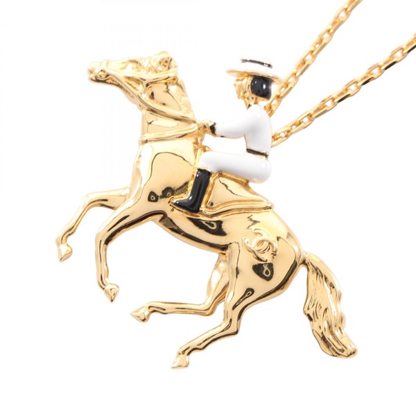 CHANEL COCO Mark Horse Riding Necklace Pendant Gold Plated White Used Women CC