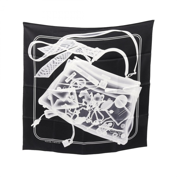 HERMES Carre 70 PLEASE CHECK-IN Scarf echarpe silk Black Gray Used Women