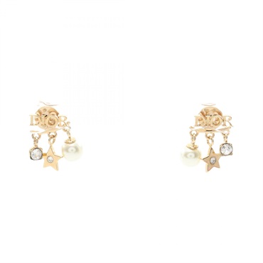Christian Dior Logo Star Pierced Earrings GP Artificial Pearl Rhinestone Women