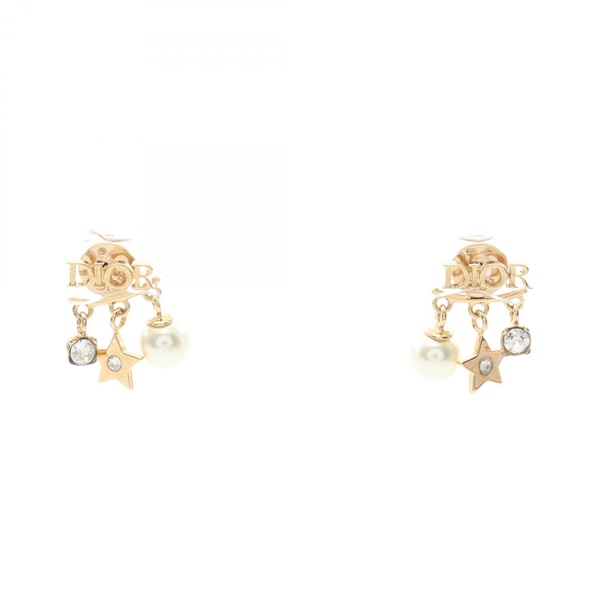 Christian Dior Logo Star Pierced Earrings GP Artificial Pearl Rhinestone Women