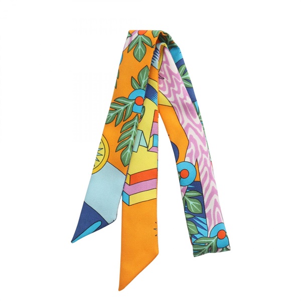 HERMES Twilly Doll La Source De Pegase Ribbon Scarf silk Orange Multicolor Used