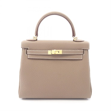 HERMES Kelly 25 Shoulder Handbag Clemence leather Etoupe Grey Used Women K GHW