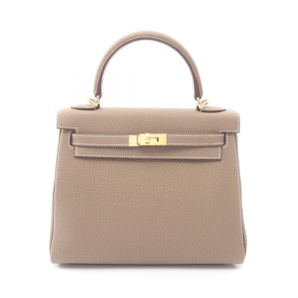 HERMES Kelly 25 Shoulder Handbag Clemence leather Etoupe Grey Used Women K GHW