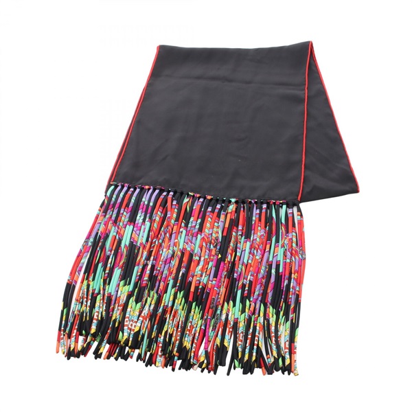 HERMES Fringe Sttole Silk Black Red Multicolor Used Women